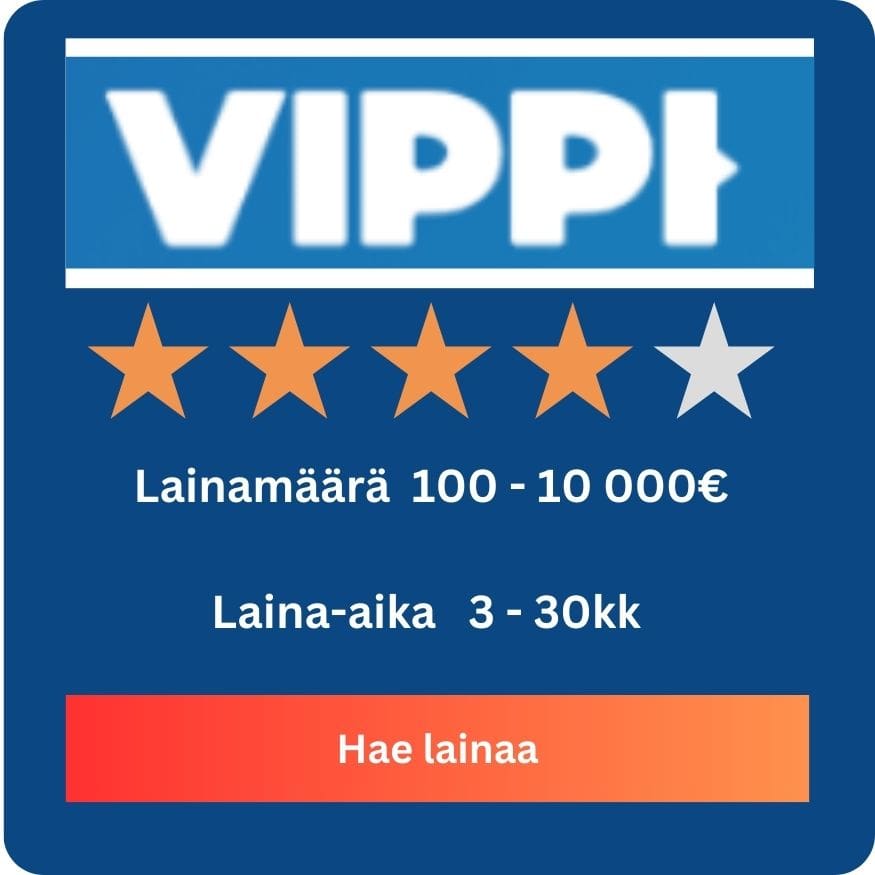 Hae lainaa Vippi.fi-palvelusta helposti ja nopeasti – Vippi.fi tarjoaa luotettavat ja nopeat lainaratkaisut juuri silloin, kun tarvitset rahaa kiireellisiin menoihin. Klikkaa 'Hae lainaa' -painiketta ja täytä hakemus kätevästi verkossa. Saat päätöksen nopeasti, ja rahat siirretään tilillesi jopa saman päivän aikana. Vippi.fi lainat ovat joustavia ja turvallisia, mikä tekee niistä erinomaisen valinnan erilaisiin rahoitustarpeisiin.
