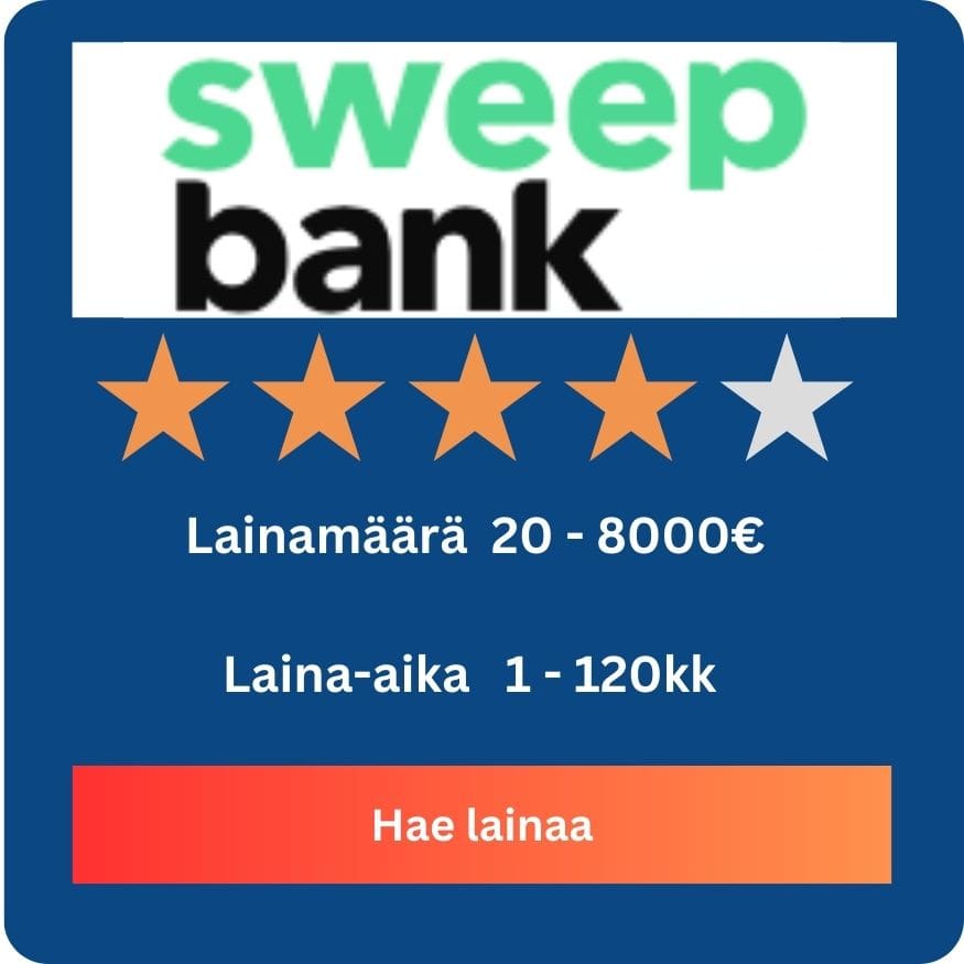 SweepBank laina helposti ja turvallisesti – SweepBank tarjoaa kilpailukykyisiä lainaratkaisuja nopeasti suoraan tilillesi. Klikkaa 'Hae lainaa' -painiketta ja lähetä hakemus muutamassa minuutissa. Hakuprosessi on yksinkertainen, ja saat päätöksen sekä rahat nopeasti.