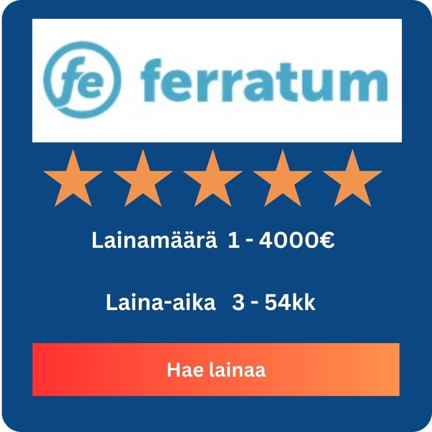 Hae Ferratum lainaa nopeasti ja helposti – Ferratum tarjoaa joustavia ja turvallisia lainaratkaisuja tarpeidesi mukaan. Klikkaa 'Hae lainaa' -painiketta ja täytä hakemus muutamassa minuutissa. Ferratum lainan hakeminen on vaivatonta ja turvallista, ja saat päätöksen nopeasti. Vertaile lainaehdot ja hae heti – Ferratum on luotettava ja suosittu lainantarjoaja.
