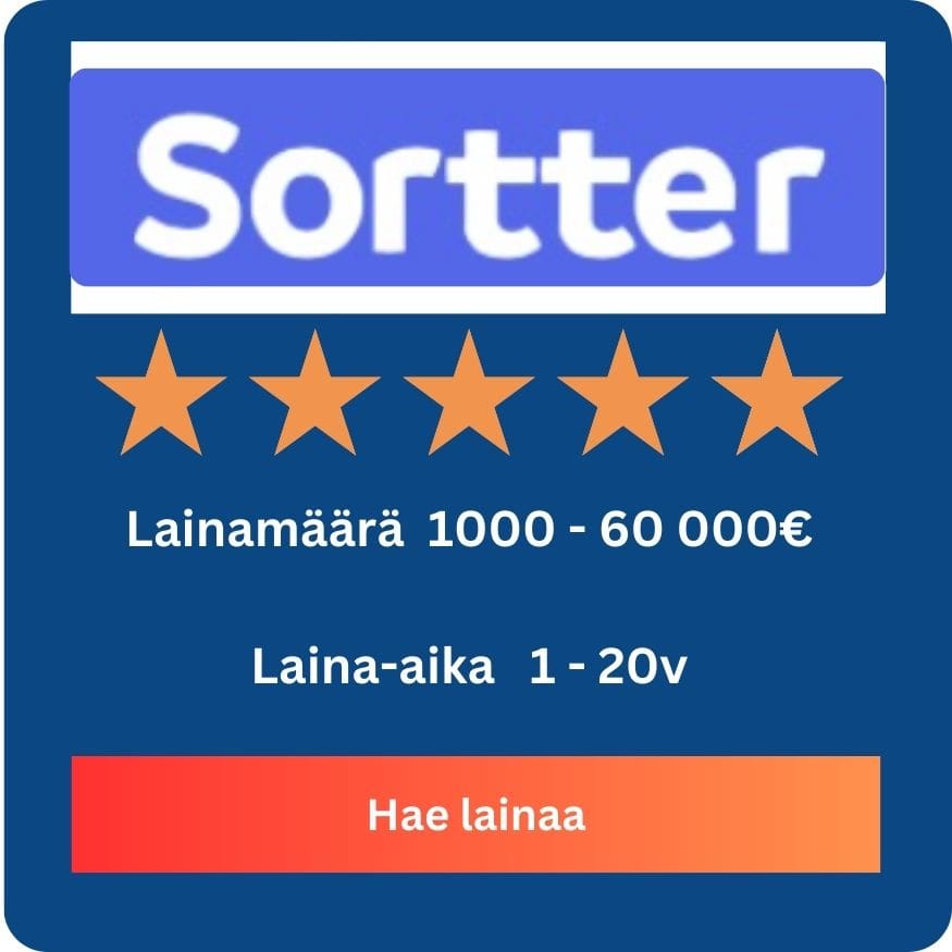 Sortter tekee lainan hakemisesta ja kilpailuttamisesta nopeaa ja vaivatonta. Täytä hakemus, niin saat useita lainatarjouksia ilman sitoumuksia. Näin voit vertailla lainojen ehdot helposti ja valita juuri sinulle sopivimman vaihtoehdon. Meidän kautta löydät edullisimmat lainaratkaisut kätevästi yhdestä paikasta. Hae nyt ja saat lainapäätöksen nopeasti
