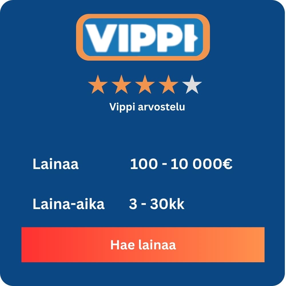 Hae lainaa helposti Vippi.fi:stä – Klikkaa 'Hae lainaa' -painiketta ja täytä hakemus muutamassa minuutissa. Saat päätöksen nopeasti, ja rahat voivat olla tililläsi jo samana päivänä. Vippi.fi on kätevä apu yllättäviin menoihin.