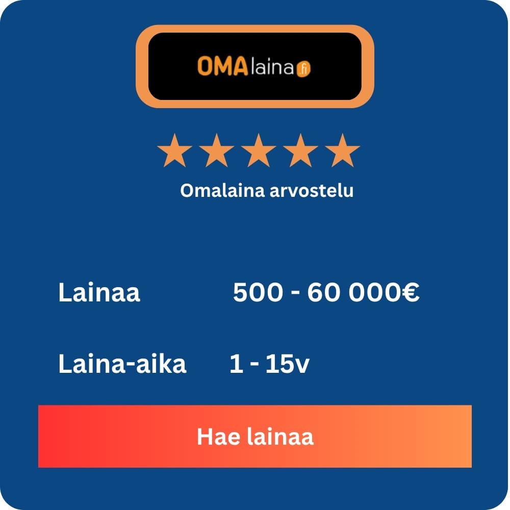 Omalaina tarjoaa sinulle mahdollisuuden hakea lainaa vaivattomasti ja nopeasti. Palvelumme avulla voit kilpailuttaa useita lainatarjouksia yhdellä hakemuksella ja valita itsellesi parhaiten sopivan lainan. Hakeminen on helppoa, eikä sido sinua mihinkään. Vertaile vaihtoehtoja ja löydä edullisin laina  helposti ja turvallisesti. Hae lainaa nyt ja saat päätöksen nopeasti!